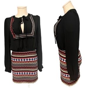 Re-Named Two Textures, Black with Colorful Skirt Long Sleeve Mini Dress